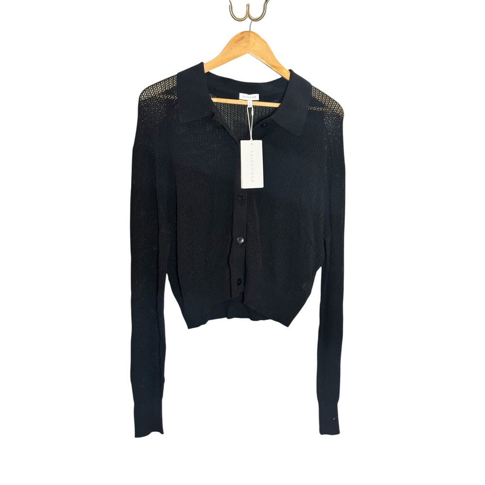 7 Diamonds Willow Knit Cardigan Black Button Up Collared Sweater NWT Large